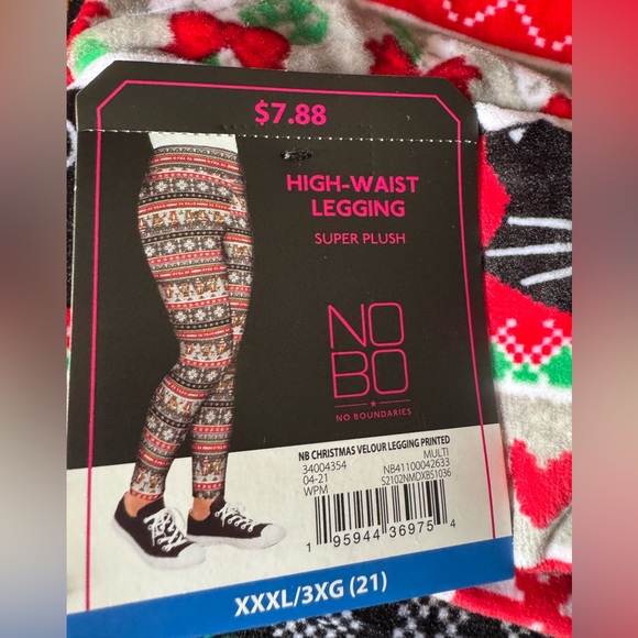 Festive Cat Print Velvet Leggings - Red and Black - Picture 2 of 2